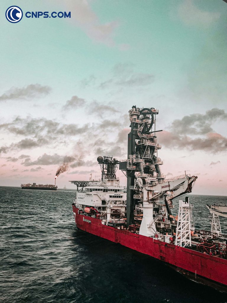 Offshore oil drilling platform at sea.