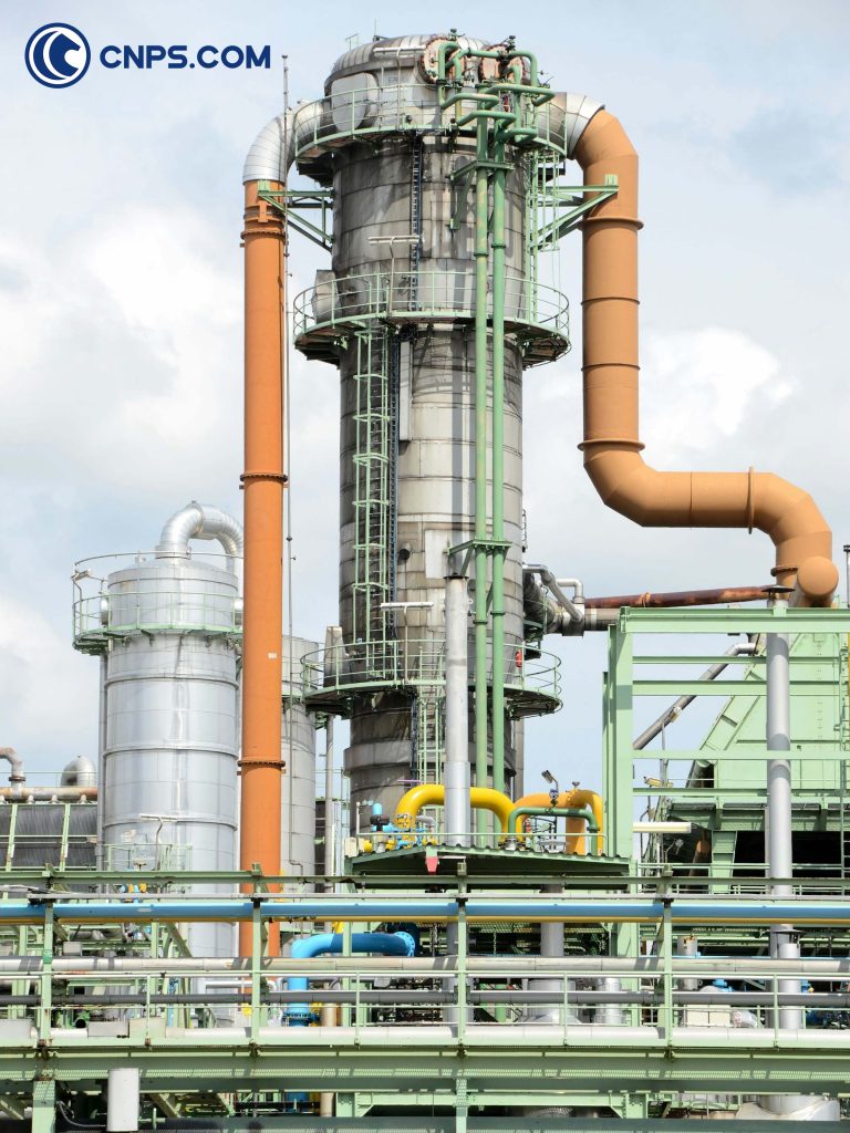 Industrial towers with pipes at an oil processing plant.