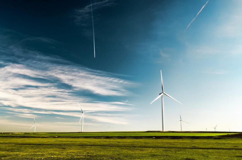 wind turbines on green grass