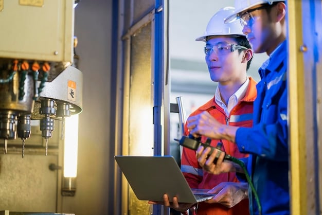 Engineers using advanced digital monitoring tools to assess fluid levels and equipment performance in an industrial setting
