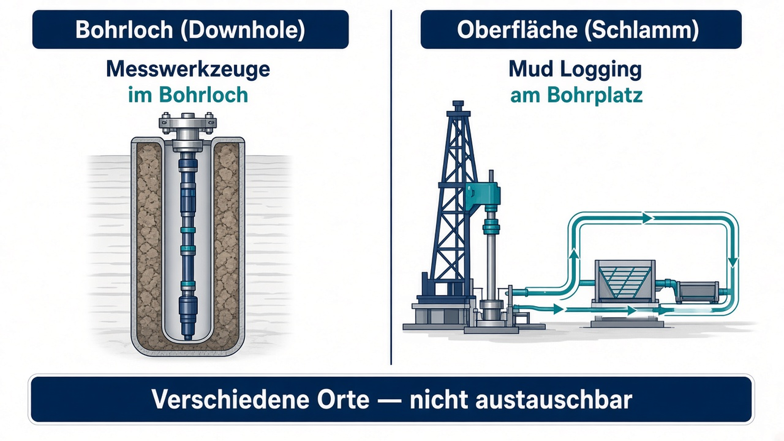 Schema: Downhole-Bohrlochprotokollierung gegenüber Oberflächen-Schlammprotokollierung